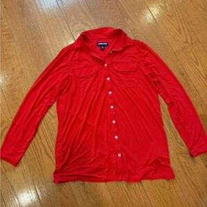 Lands' End Button Up Shirt Cherry Red Pockets Rayon Stretch Teacher-Core